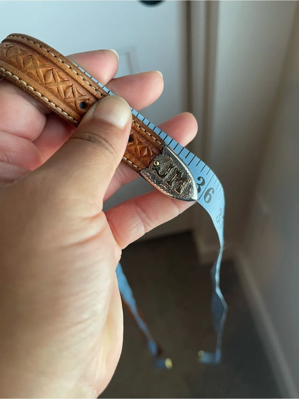 Vintage Brown Leather Belt with Sterling Silver & 10k gold monogrammed tip
